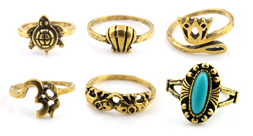 Sterling or Brass Oxidied Turquoise (Set of 6) Multi-Finger Rings