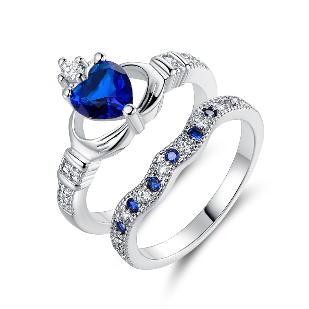 Rhodium Plated Sapphire Claddagh Two-Piece Crown Ring Set