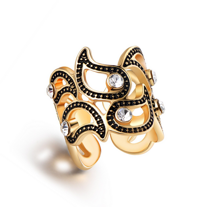 Black Ion and Genuine Crystal Adjustable Ring in 18K Gold