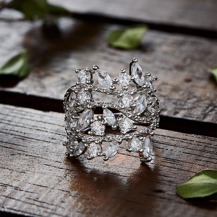 Sterling Silver Crystal Crystal Leaf Ring