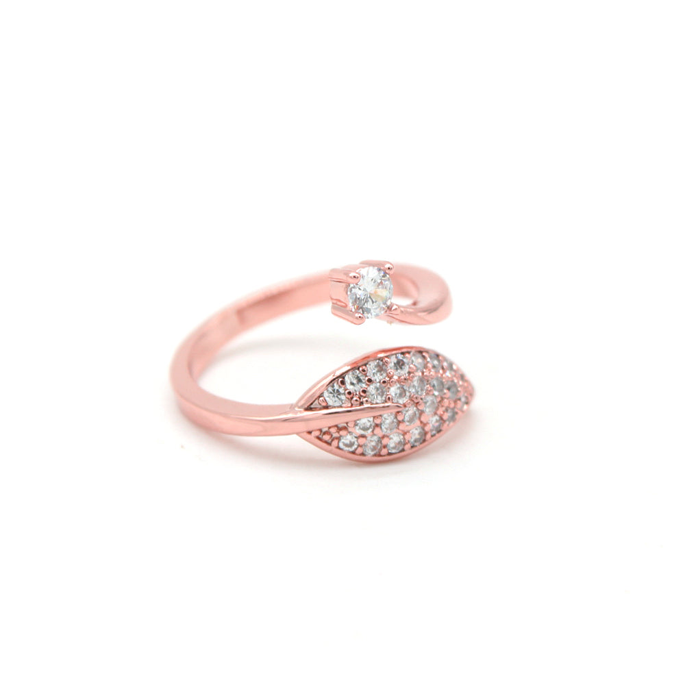 18K Rose Gold Crystal Bypass Adjustable Leaf Ring