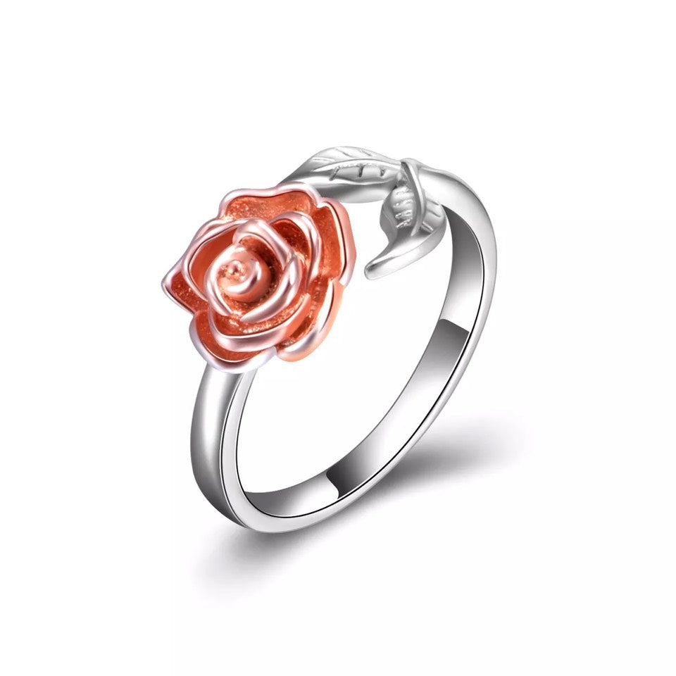 Adjustable Rose Flower Ring in Rose and White Gold