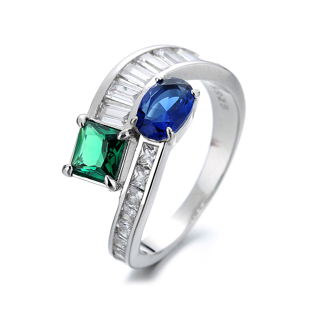 Silver-Tone Emerald & Sapphire Bypass Ring with Swarovski crystals
