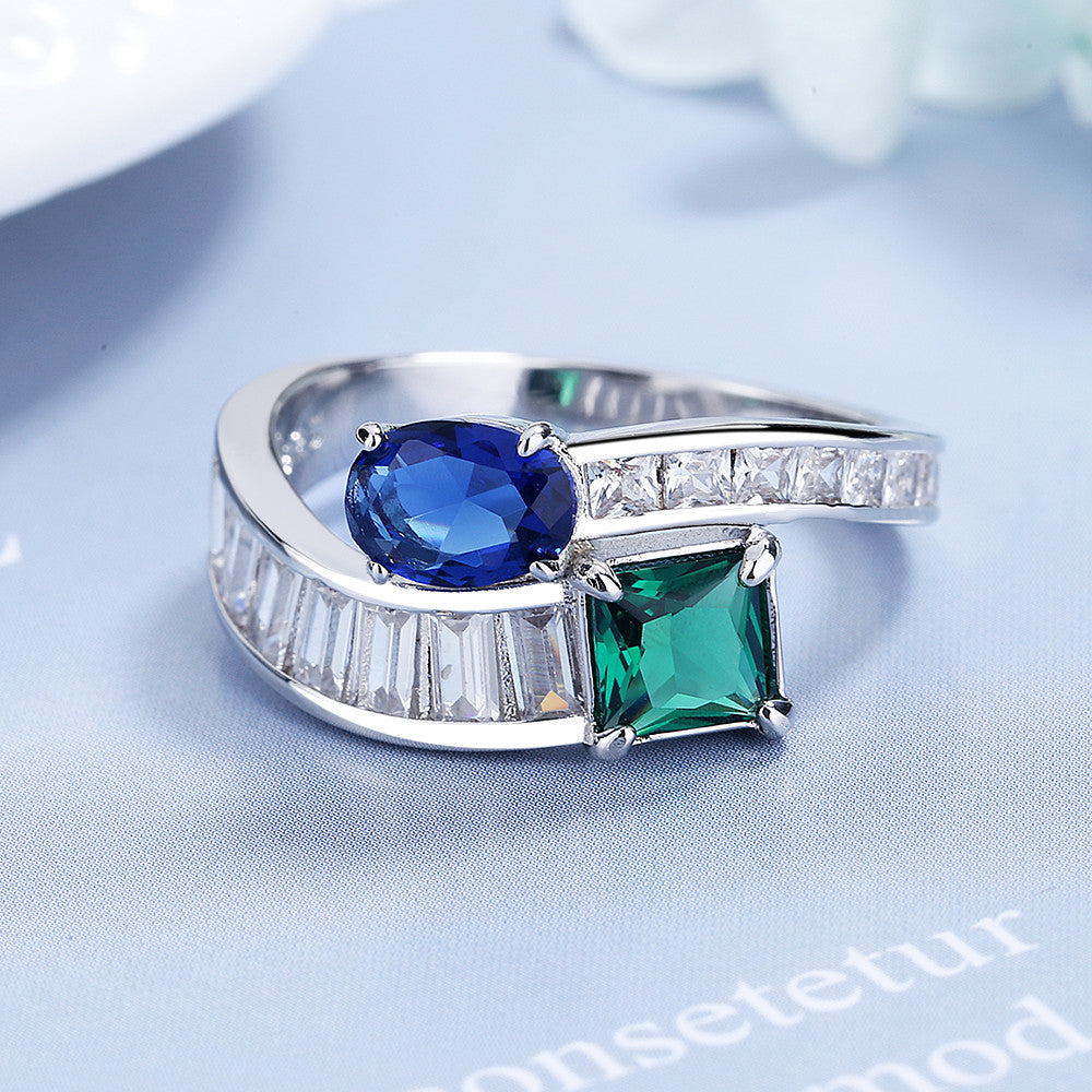 Silver-Tone Emerald & Sapphire Bypass Ring with Swarovski crystals