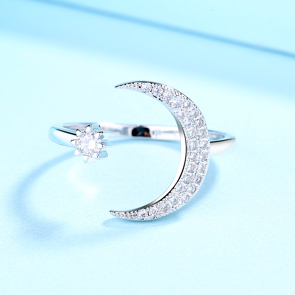 Sterling Silver Crescent Moon Bypass Ring with Swarovski Crystals