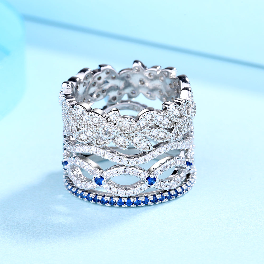 Blue and White Sapphire Ring Set in Sterling Silver (Stackable)