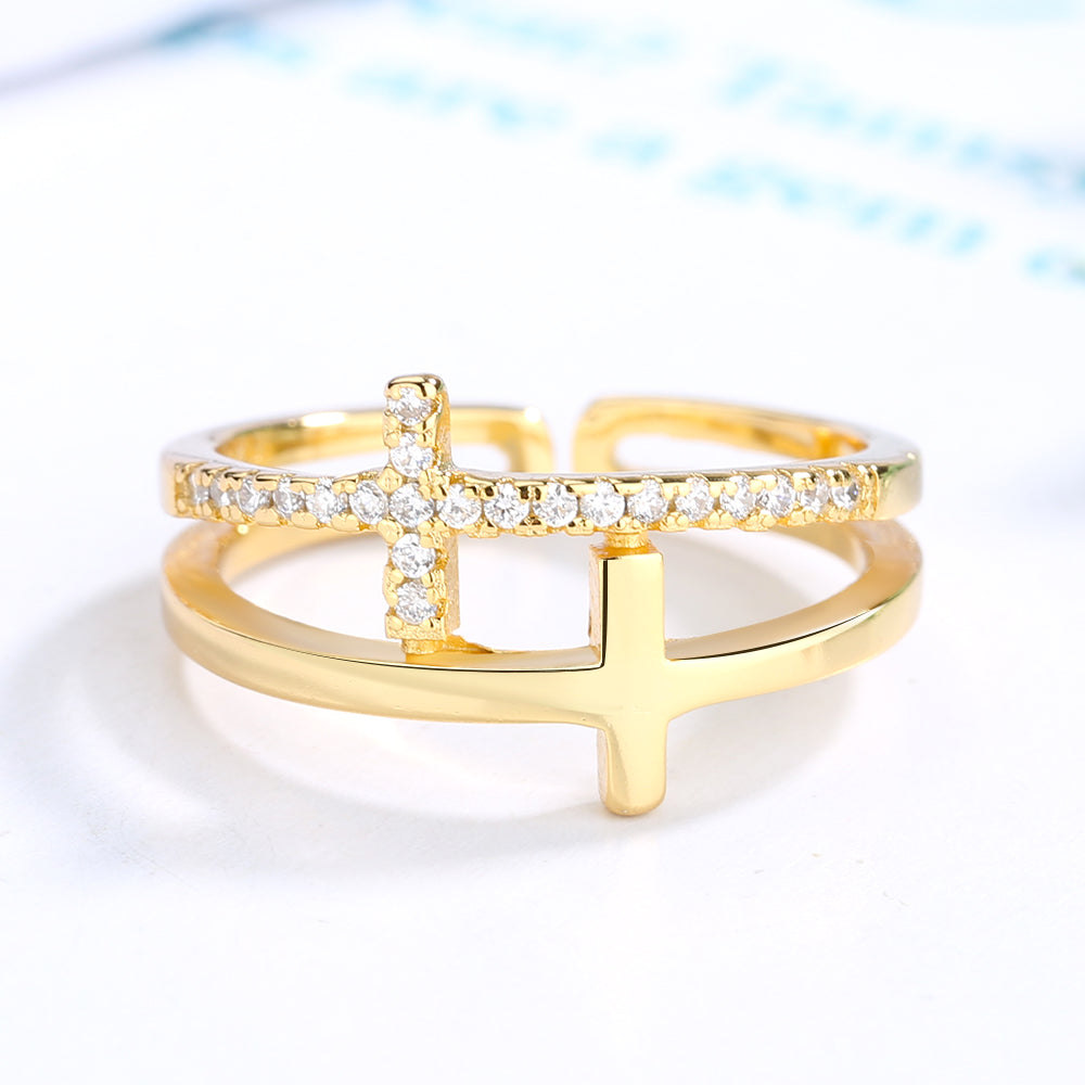 Sterling Silver, 18k Gold, or Rose Gold Sideways Adjustable Cross Ring –  Amy and Annette